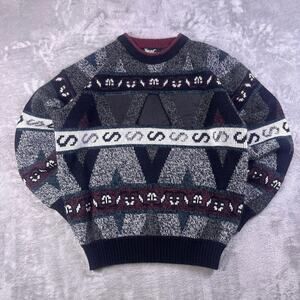Vintage 90s Impact Sweater Men’s L Gray Burgundy Geometric Leather Patch Baggy